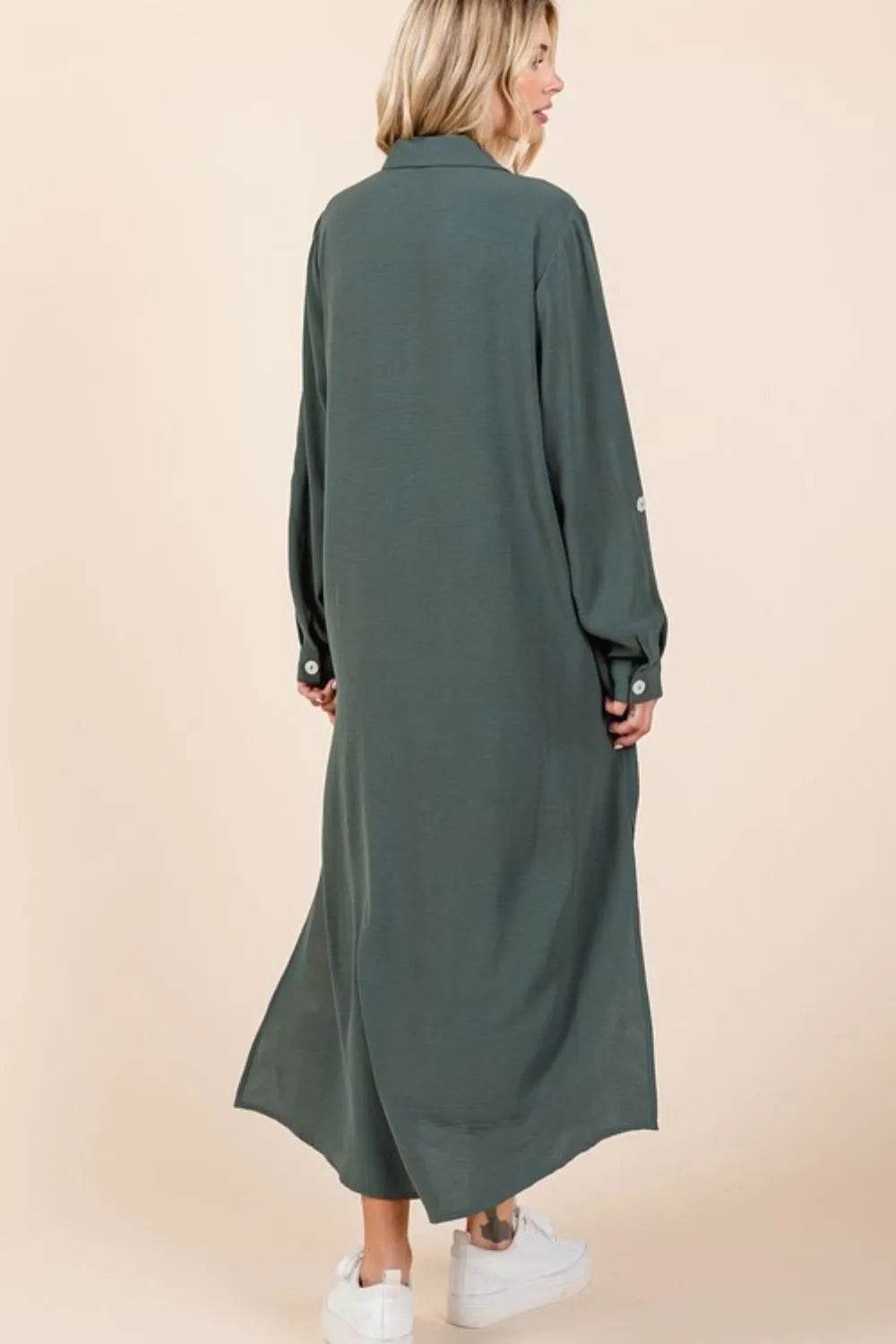 Mittoshop Airflow V-Neck Long Sleeve Button Down Maxi Dress - Veloro