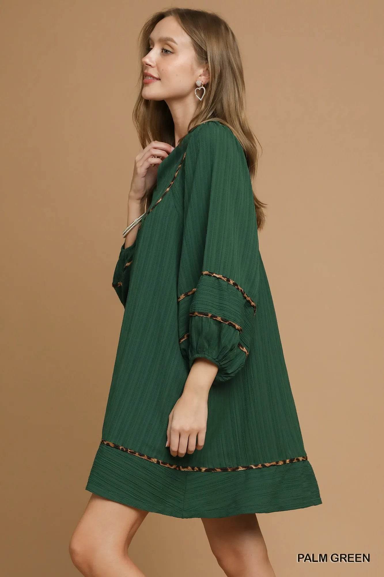 Umgee Textured Babydoll Dress with Leopard Trim - Veloro