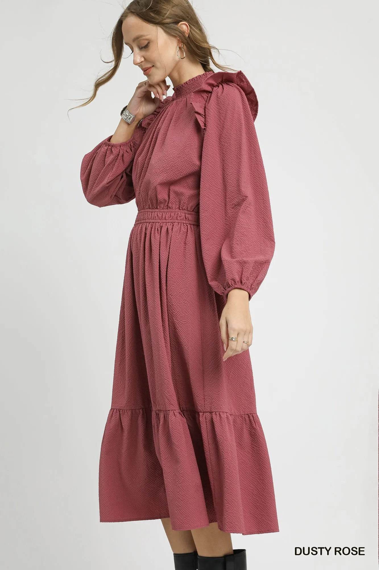 Umgee Textured Midi Dress with Ruffle Shoulder Detail - Veloro