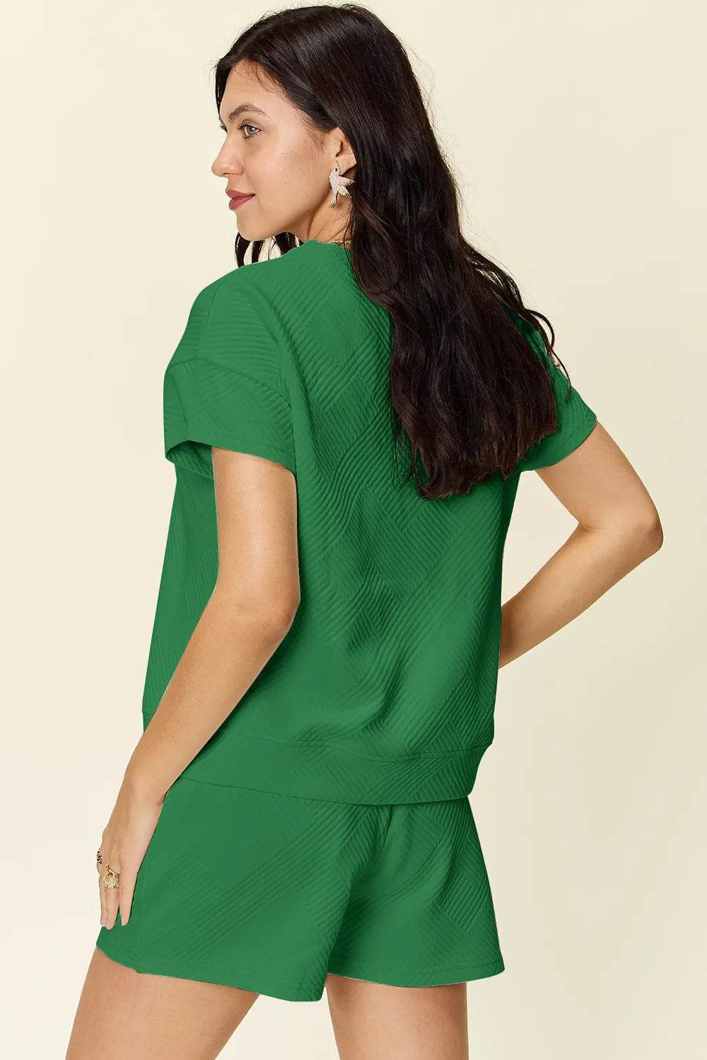 Double Take Full Size Texture Short Sleeve T-Shirt and Drawstring Shorts Set - Veloro