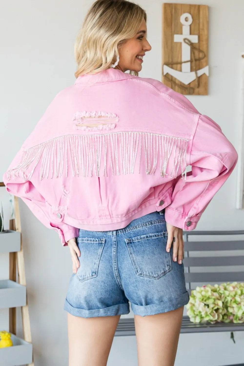 Veveret Fringe Distressed Button Up Denim Jacket - Veloro