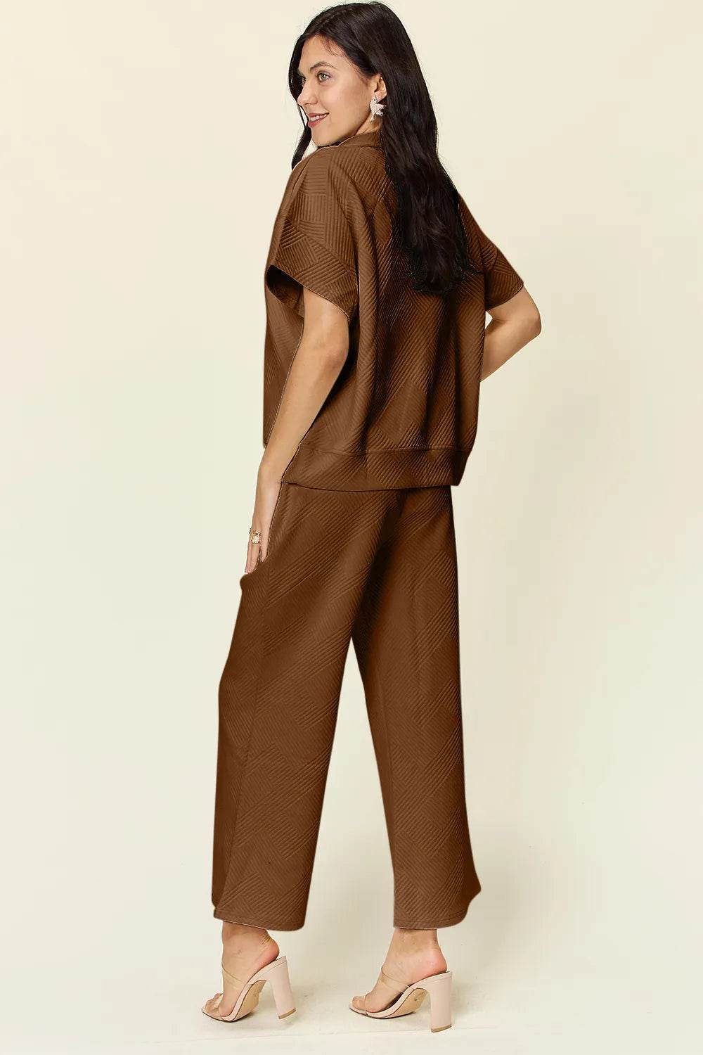 Double Take Full Size Texture Half Zip Short Sleeve Top and Pants Set - Veloro