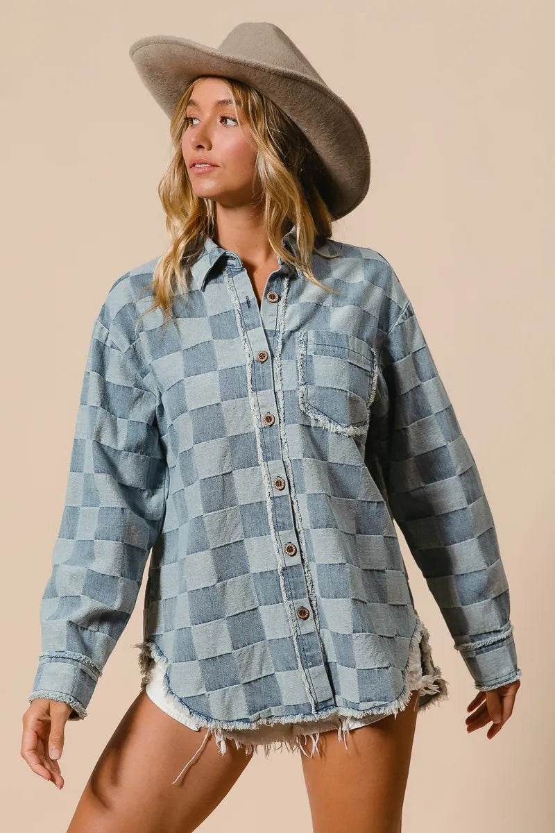 BiBi Frayed Edged Detail Washed Checker Denim Shirt - Veloro