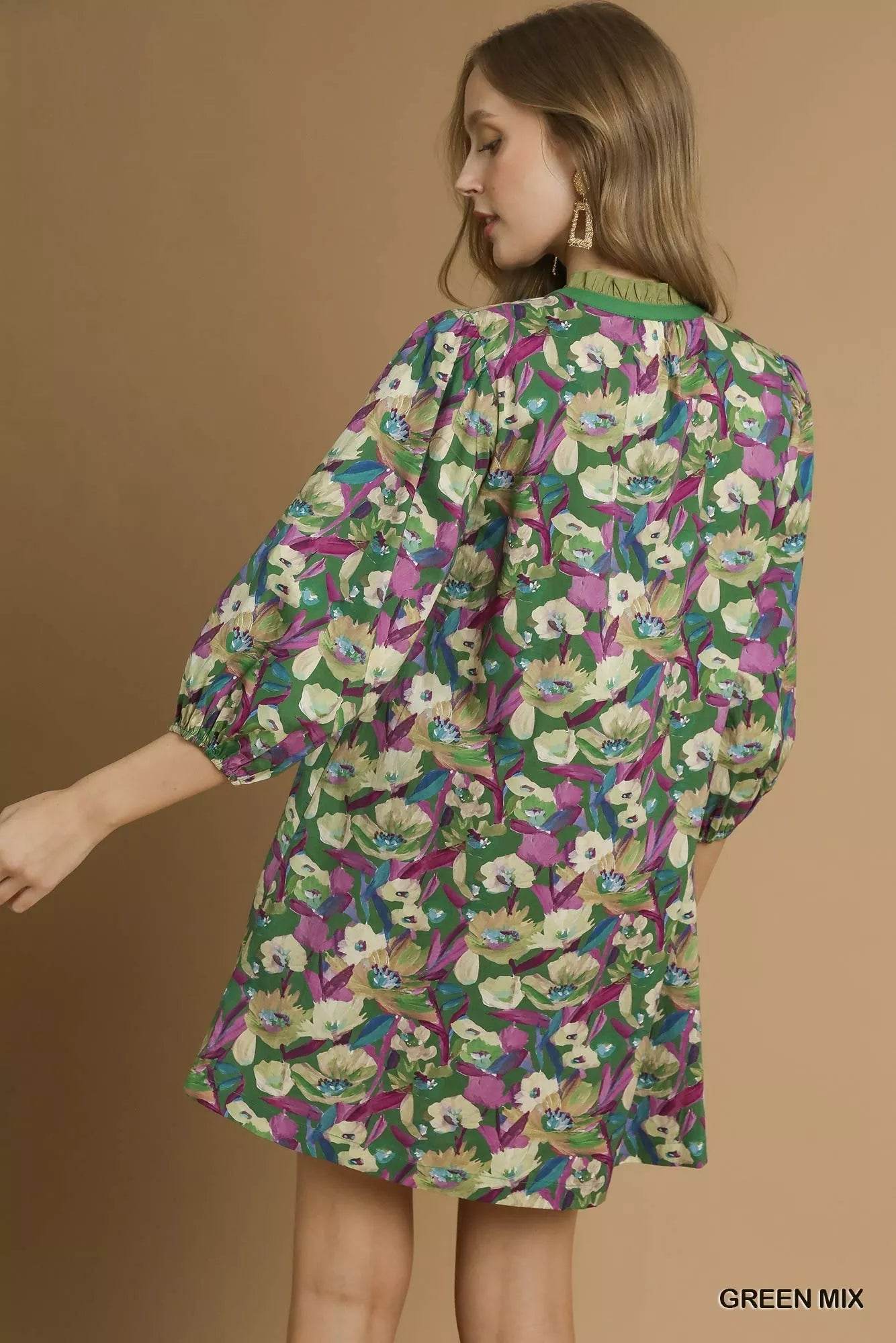 Umgee Boho Floral Balloon Sleeve Mini Dress - Veloro