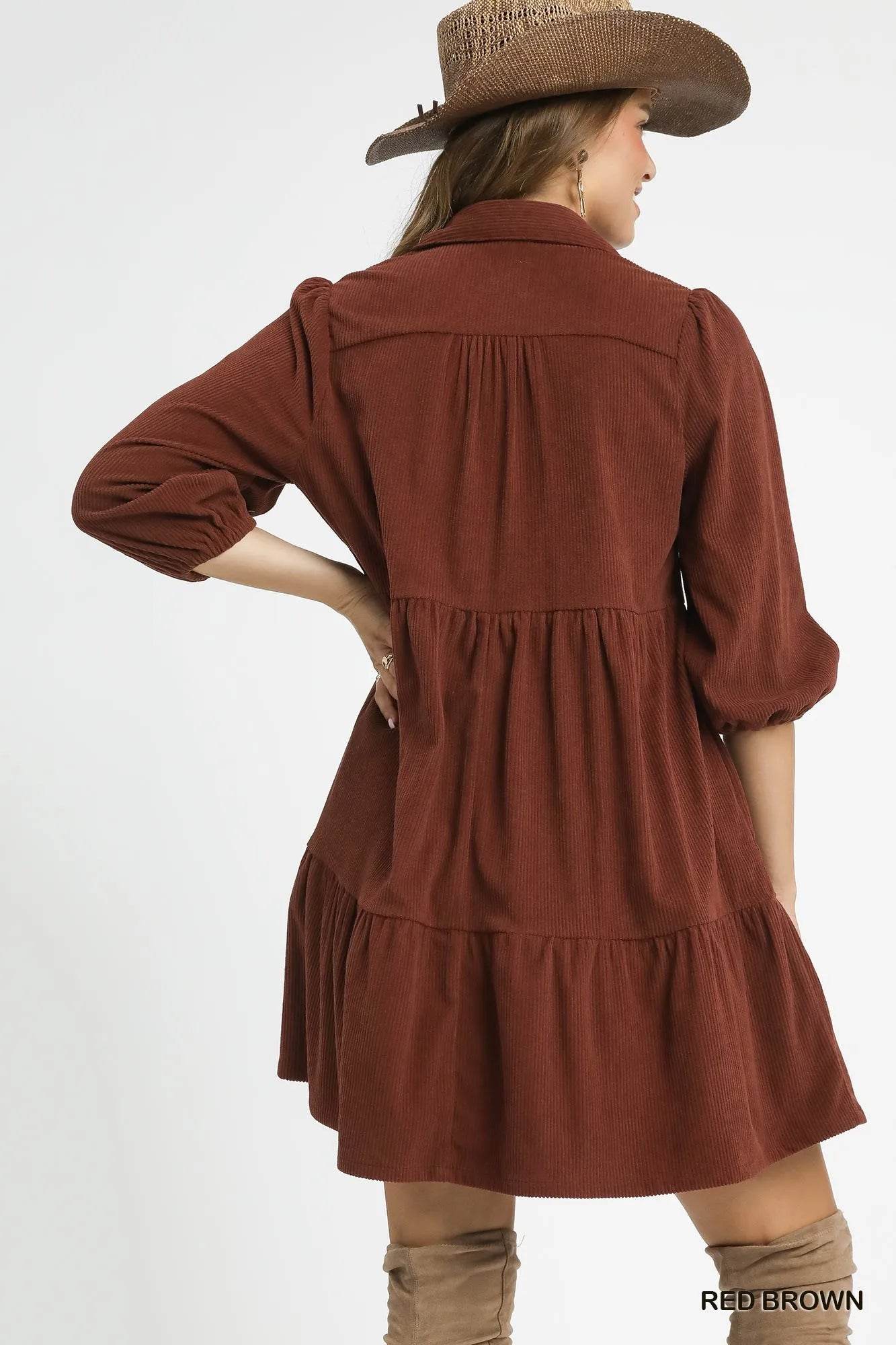 Umgee Tiered Corduroy Mini Dress with Balloon Sleeves - Veloro