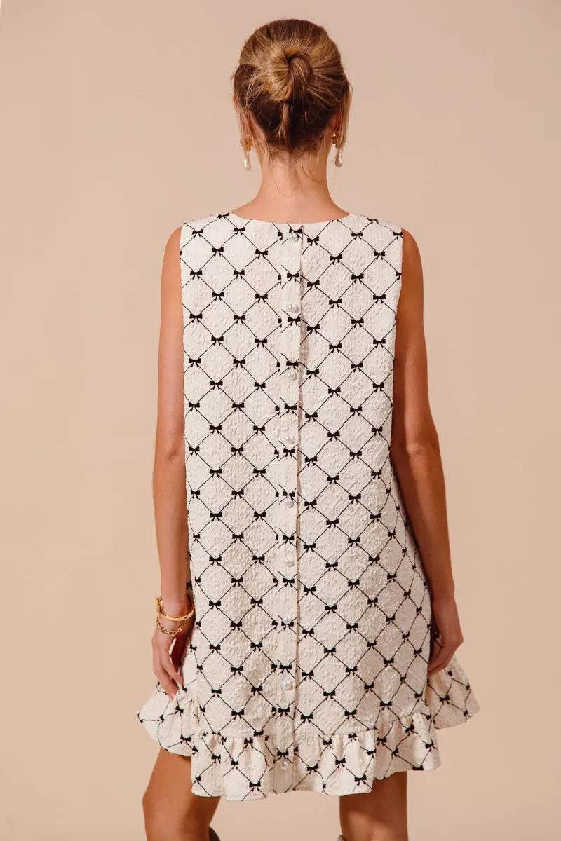 SO ME Texture Bow Printed Mini Ruffle Dress - Veloro