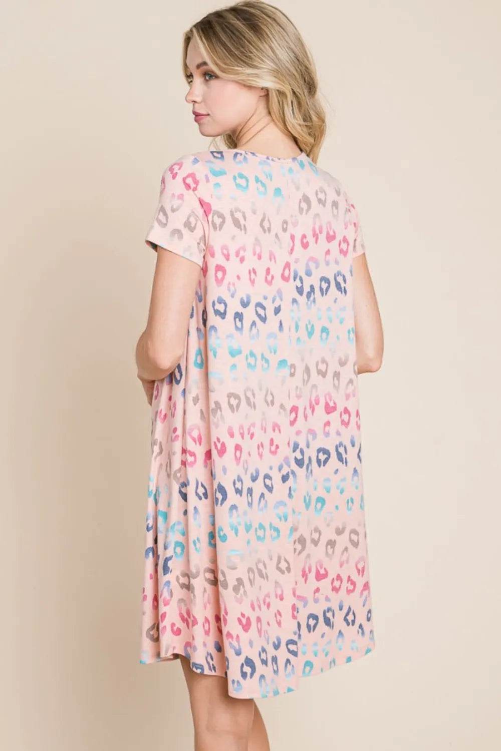 BOMBOM Leopard Round Neck Short Sleeve Dress - Veloro