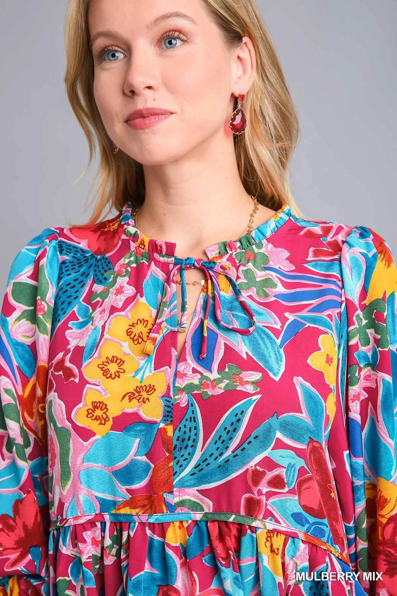 Umgee Full Size Floral Print Tie Neck Midi Dress with Pockets Plus Size - Veloro