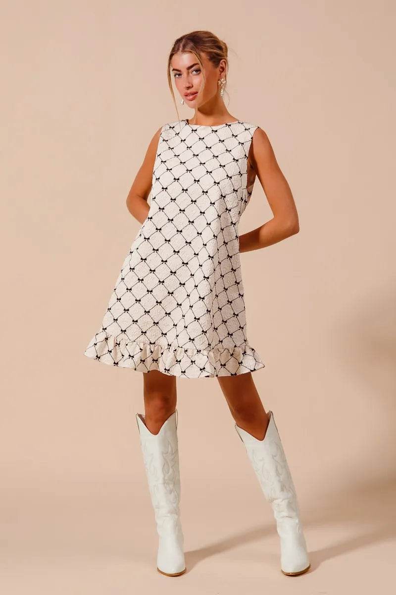 SO ME Texture Bow Printed Mini Ruffle Dress - Veloro