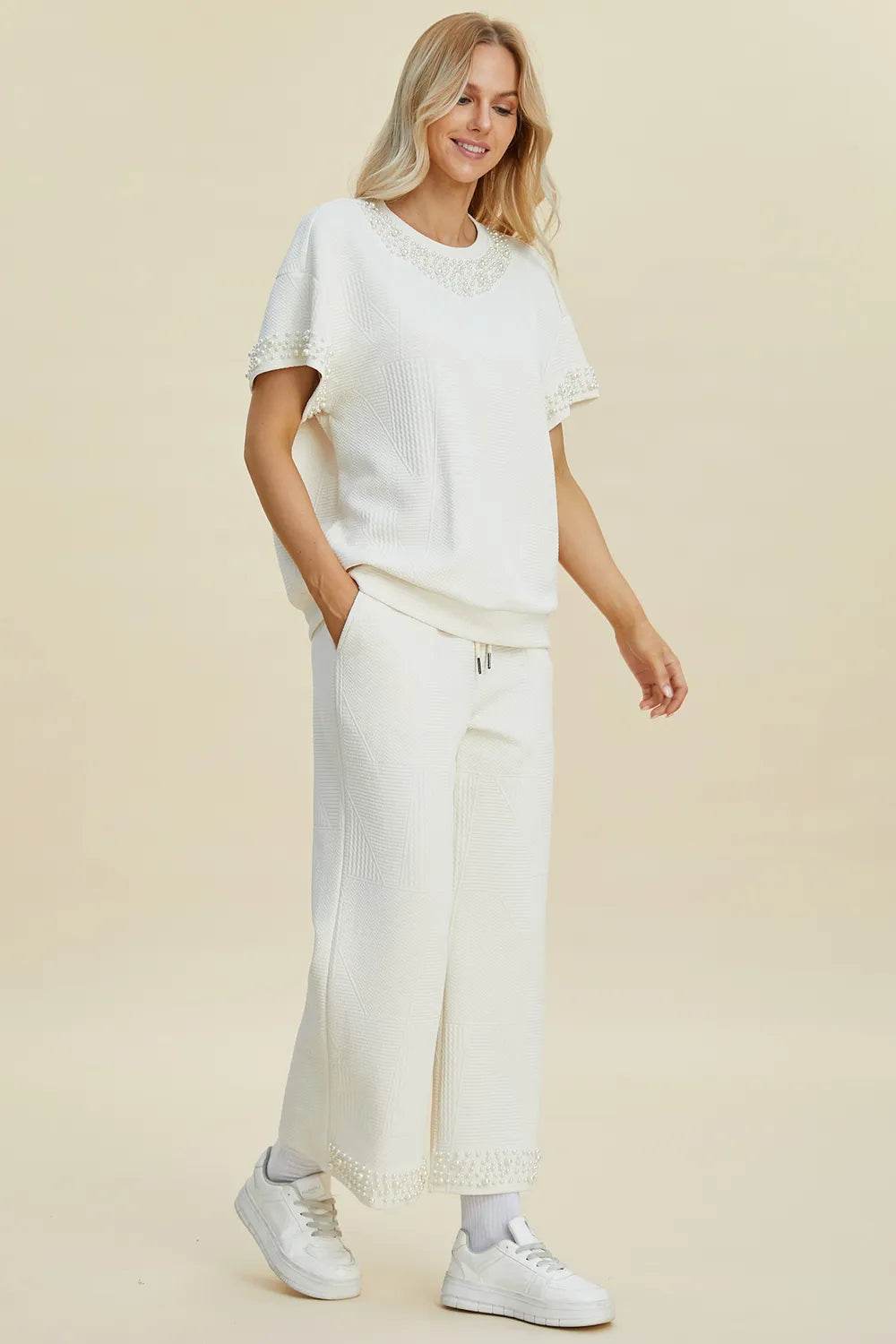 Double Take Full Size Pearl Detail Round Neck Top and Pants Set - Veloro