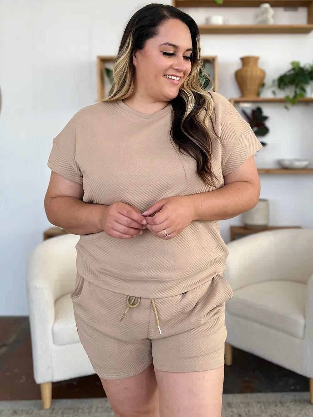 Double Take Full Size Texture Short Sleeve T-Shirt and Drawstring Shorts Set - Veloro