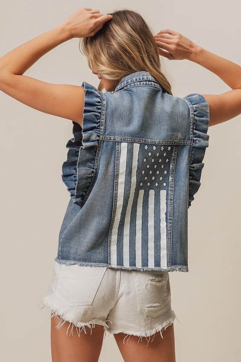 BiBi American Flag Washed Denim Jacket - Veloro