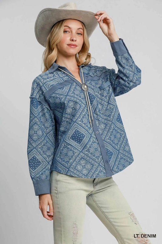 Umgee Paisley Print Denim Shirt Jacket - Veloro