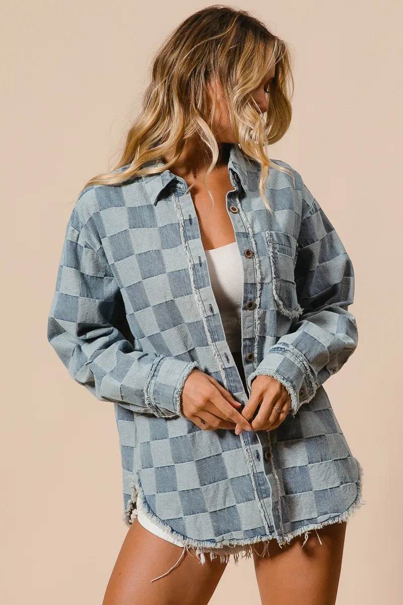 BiBi Frayed Edged Detail Washed Checker Denim Shirt - Veloro