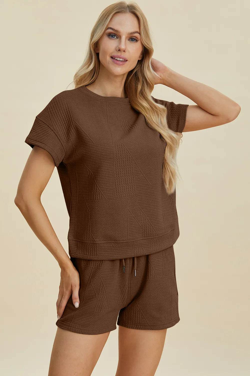 Double Take Full Size Texture Short Sleeve Top and Shorts Set - Veloro