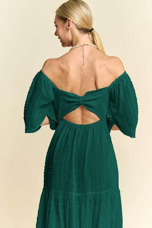 Davi & Dani Swiss Dotted Ruched Ruffle Open Back Midi Dress - Veloro