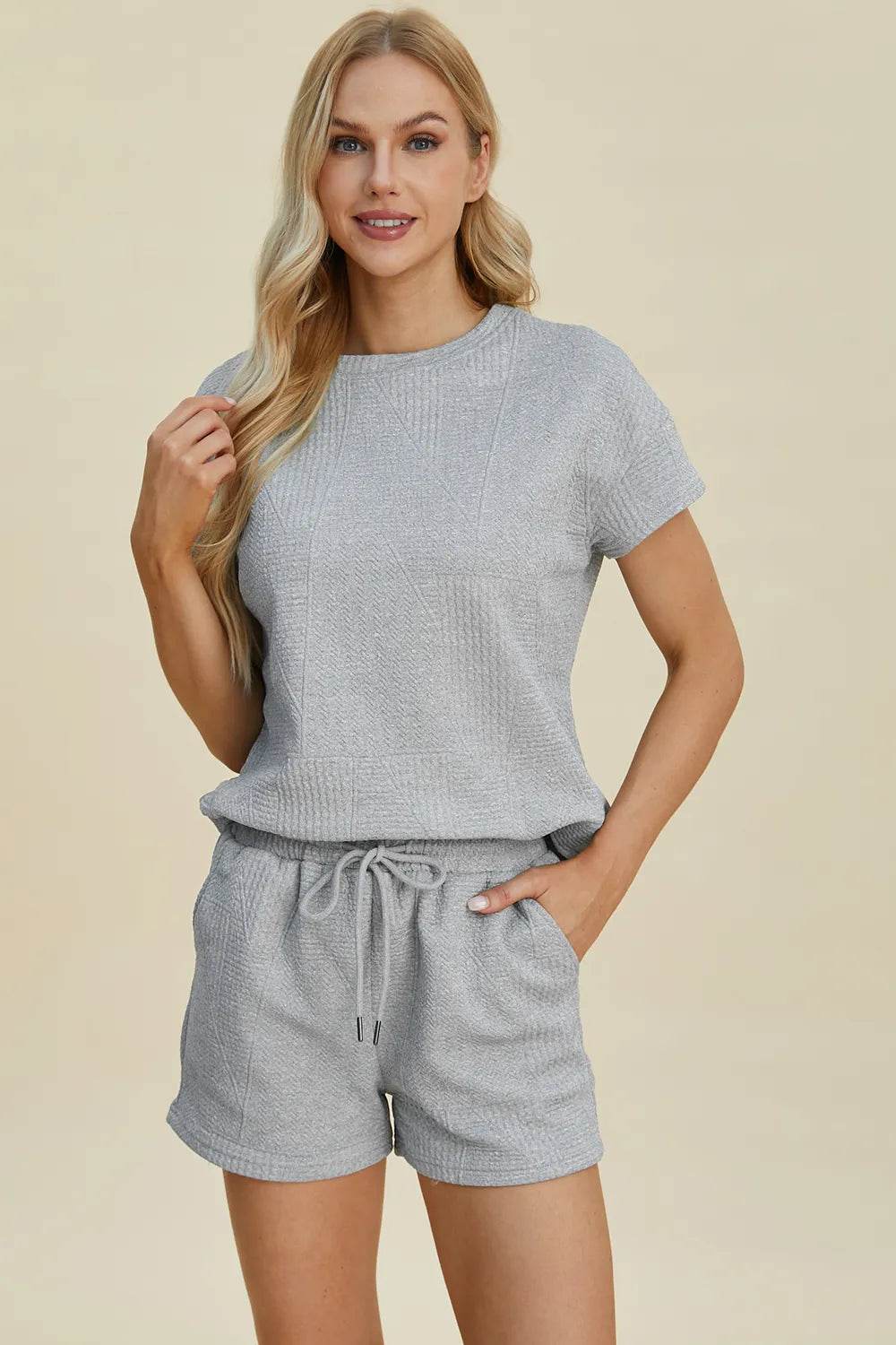 Double Take Full Size Texture Short Sleeve Top and Shorts Set - Veloro