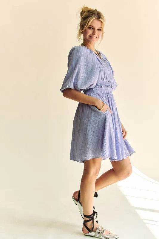 Davi & Dani Back Button Puff Sleeve Mini Dress - Veloro