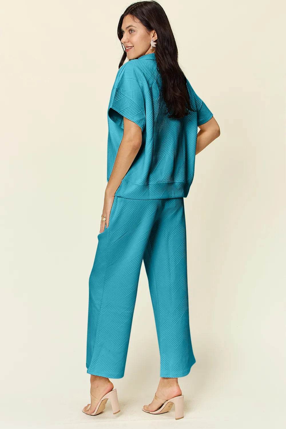Double Take Full Size Texture Half Zip Short Sleeve Top and Pants Set - Veloro