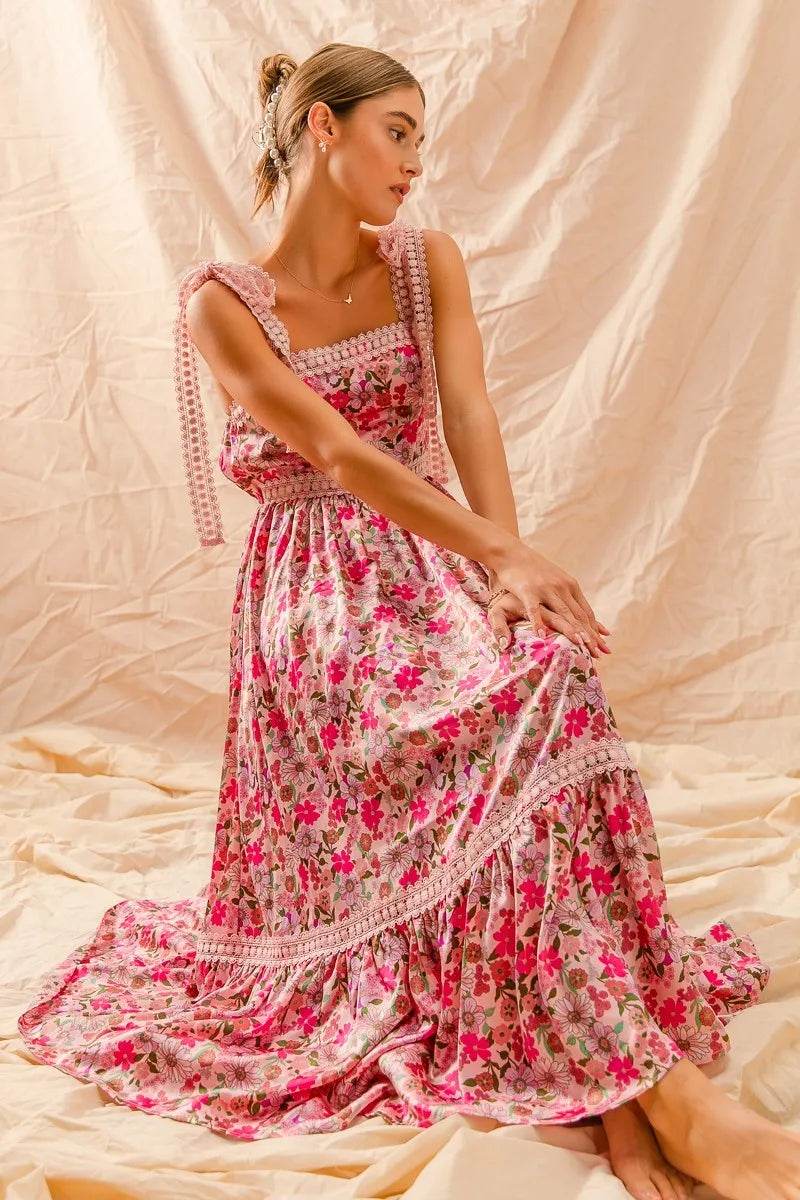 SO ME Floral Maxi Dress With Ribbon Tie Lace Strap - Veloro