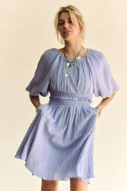 Davi & Dani Back Button Puff Sleeve Mini Dress - Veloro