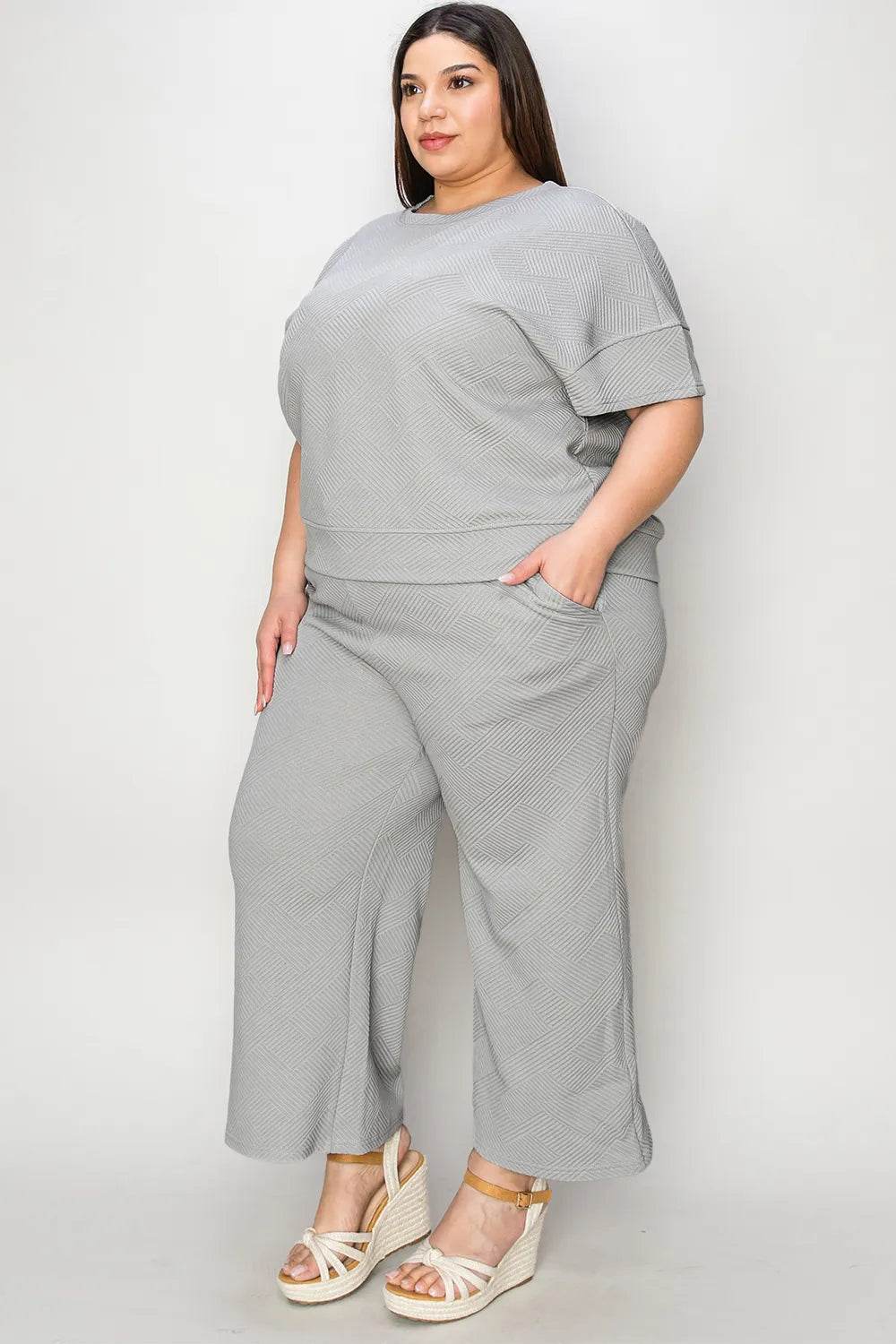 Double Take Full Size Texture Short Sleeve Top and Pants Set - Veloro