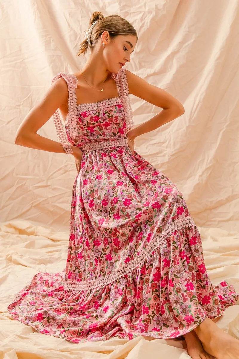 SO ME Floral Maxi Dress With Ribbon Tie Lace Strap - Veloro