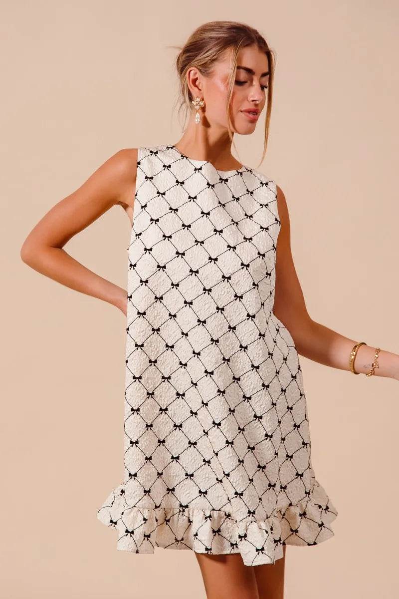 SO ME Texture Bow Printed Mini Ruffle Dress - Veloro