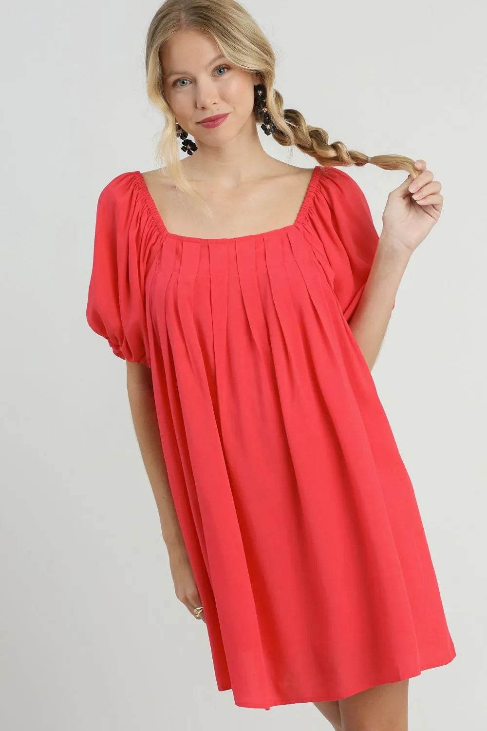 Umgee Full Size Squared Neck Puff Sleeve Mini Dress Plus Size - Veloro