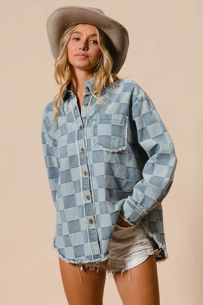 BiBi Frayed Edged Detail Washed Checker Denim Shirt - Veloro