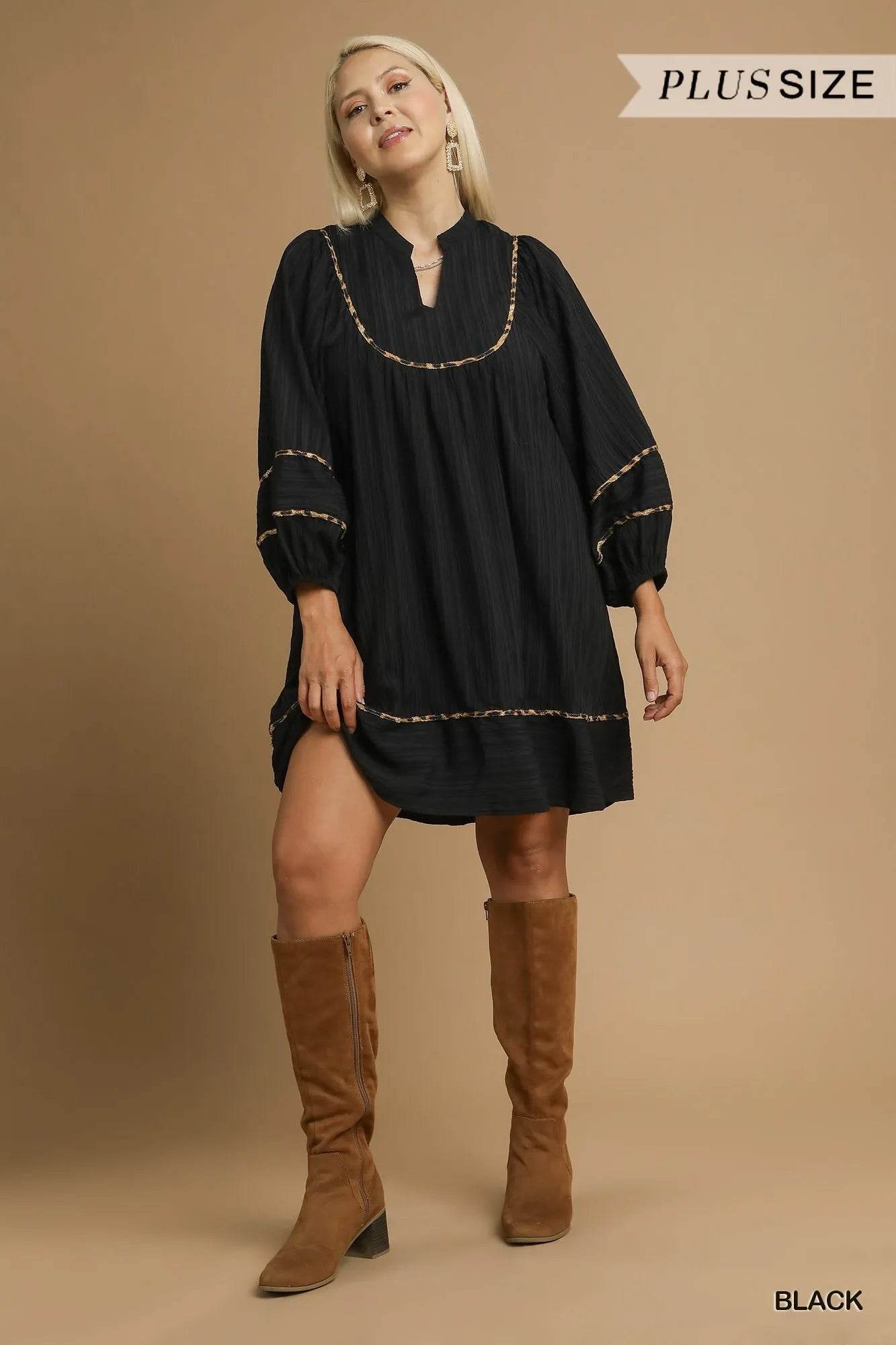 Umgee Full Size Textured Babydoll Dress with Leopard Trim Plus Size - Veloro