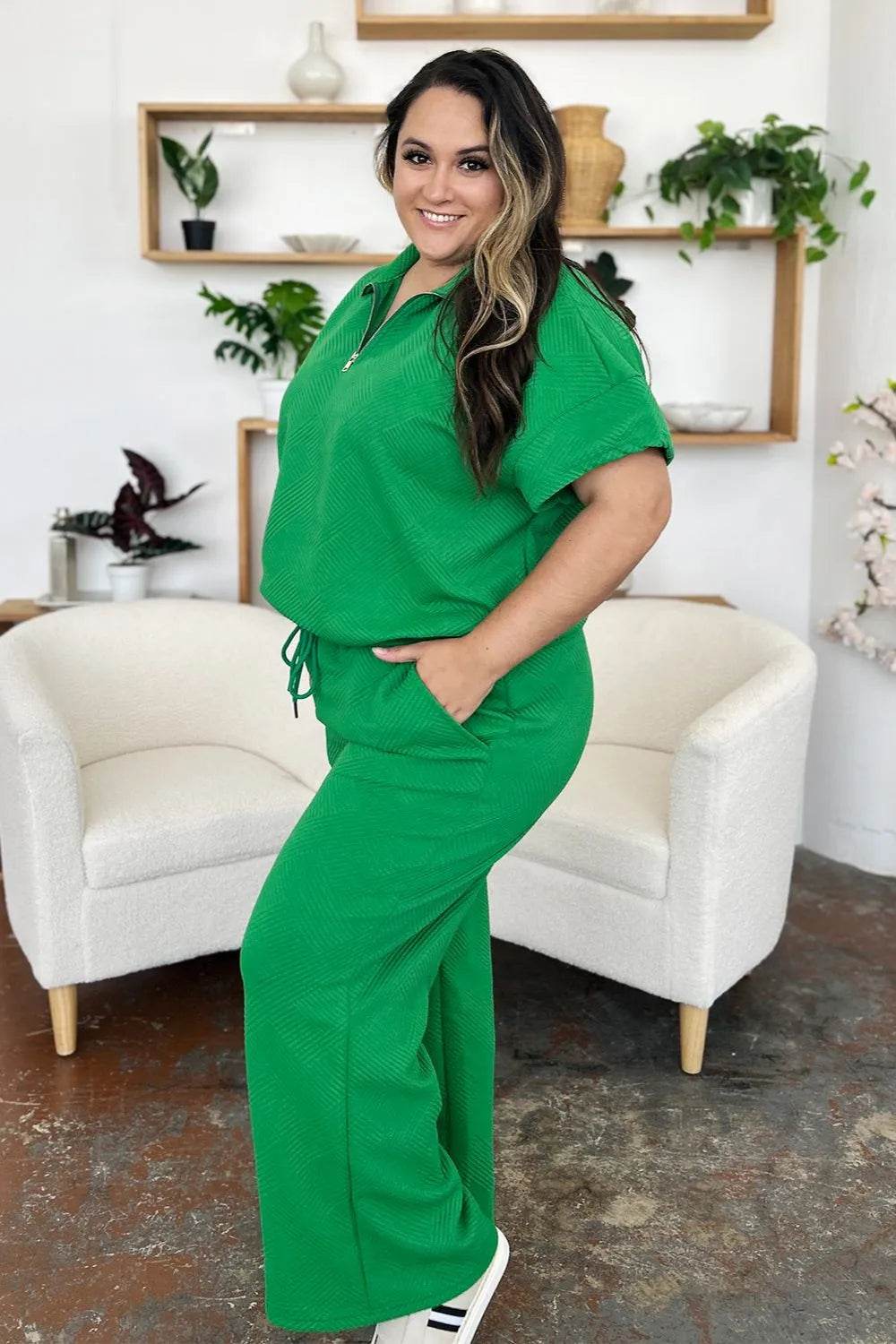 Double Take Full Size Texture Half Zip Short Sleeve Top and Pants Set - Veloro