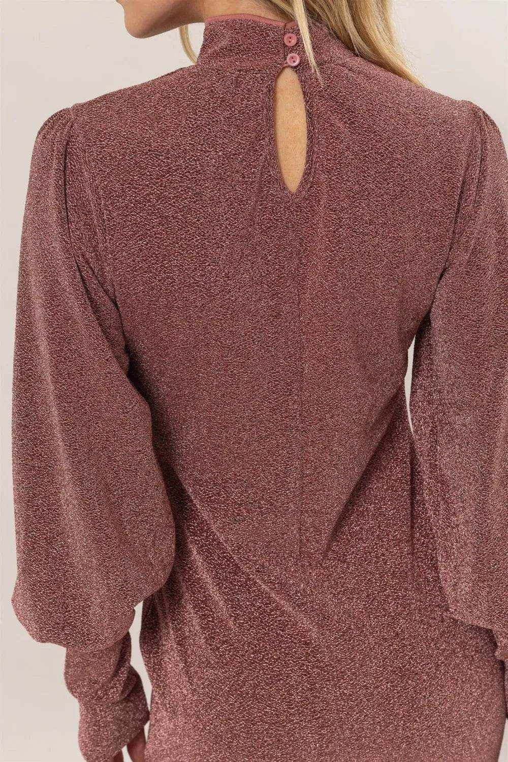 HYFVE Glitter Mock Neck Long Sleeve Mini Dress - Veloro