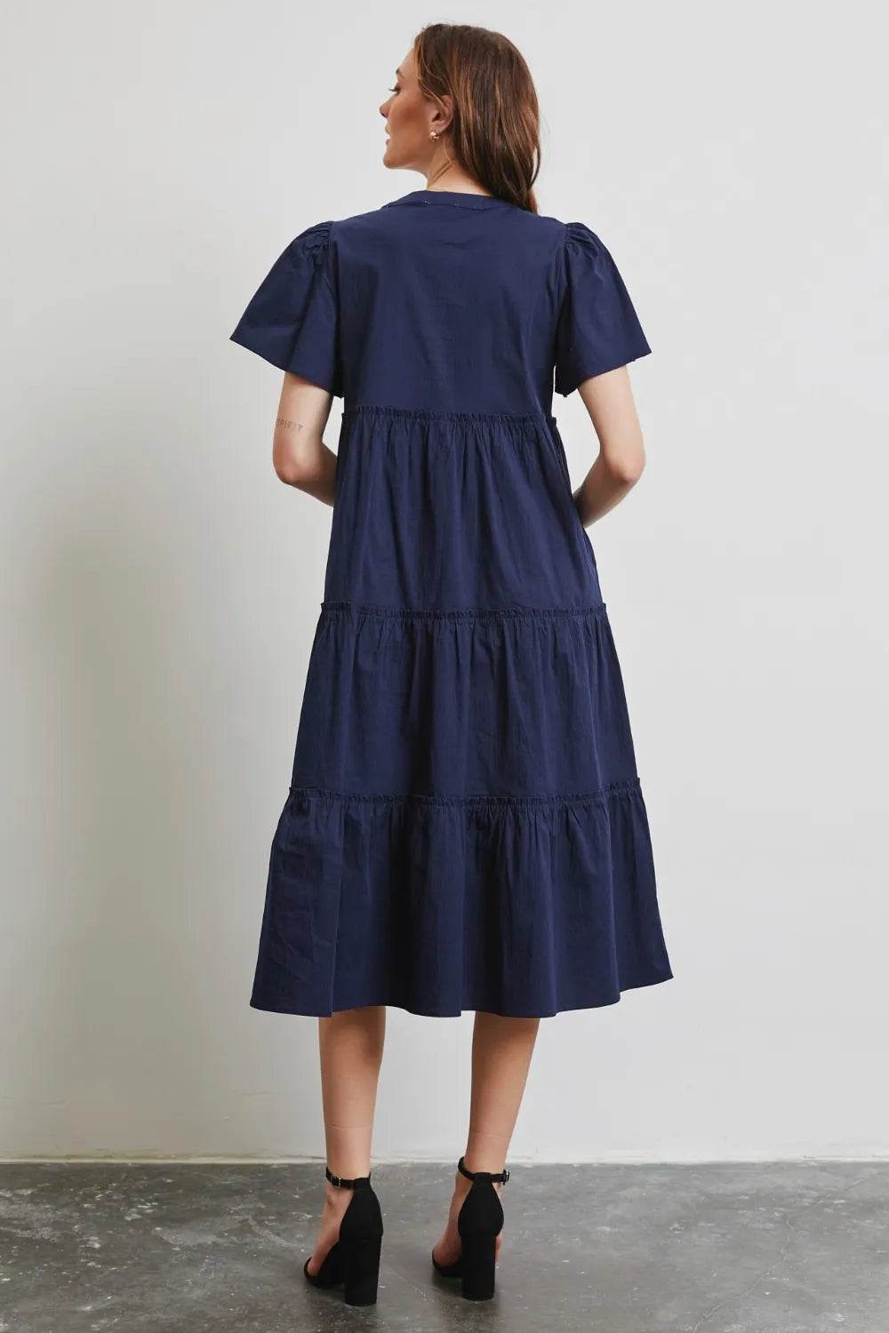 HEYSON Full Size Cotton Poplin Ruffled Tiered Midi Dress - Veloro