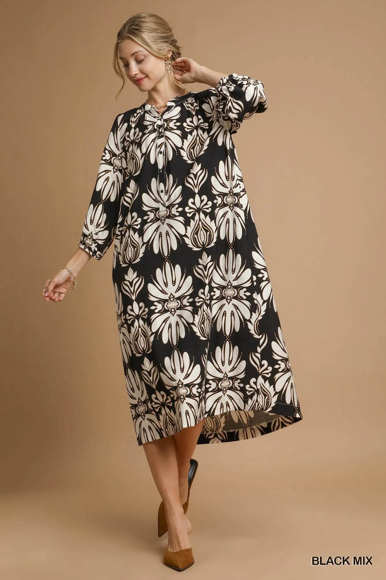 Umgee Mix Abstract Floral Print Midi Dress - Veloro