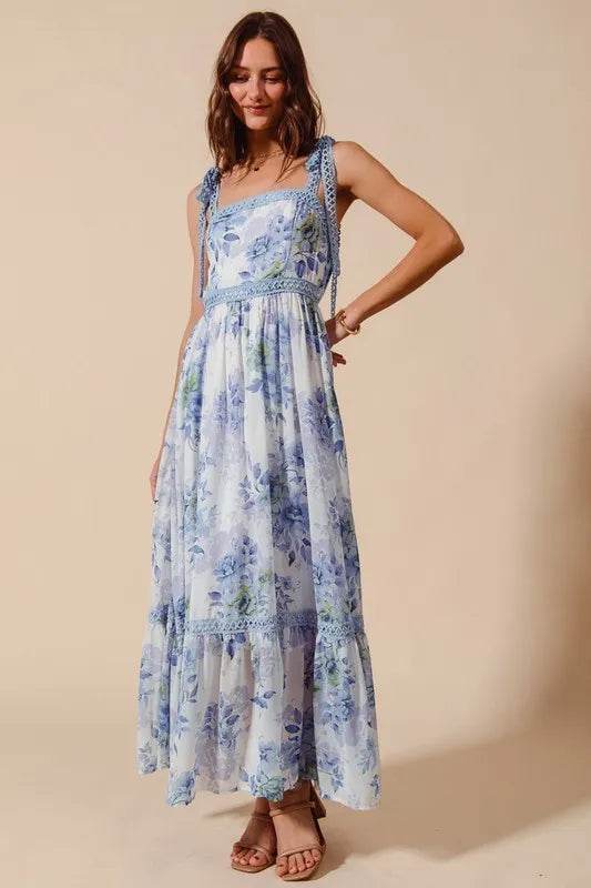 SO ME Floral Print Flowy Maxi Dress with Lace Ribbon Tie - Veloro