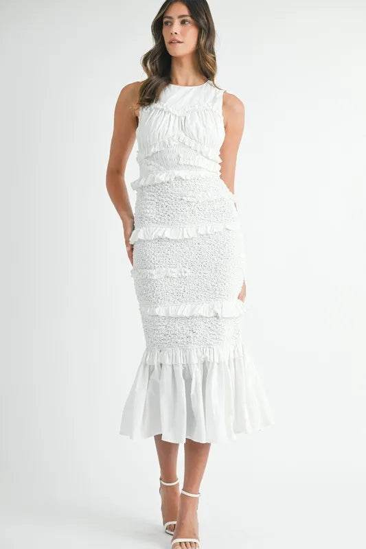 MABLE Ruffled Popcorn Smocked Mermaid Midi Dress - Veloro