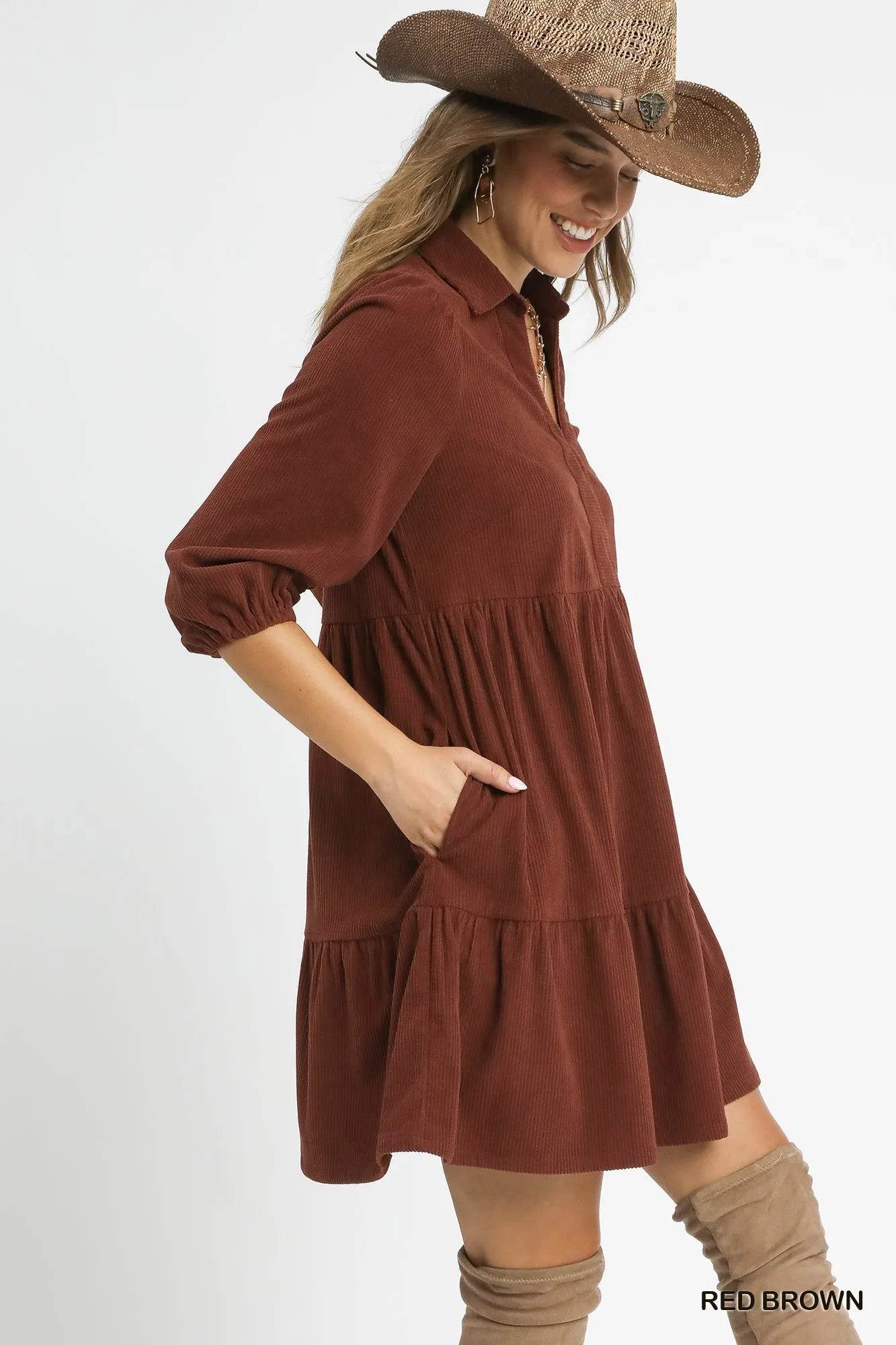 Umgee Tiered Corduroy Mini Dress with Balloon Sleeves - Veloro