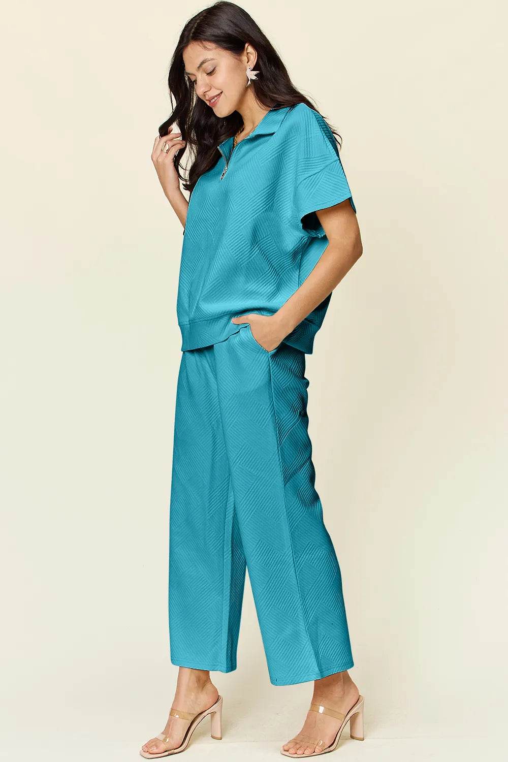 Double Take Full Size Texture Half Zip Short Sleeve Top and Pants Set - Veloro