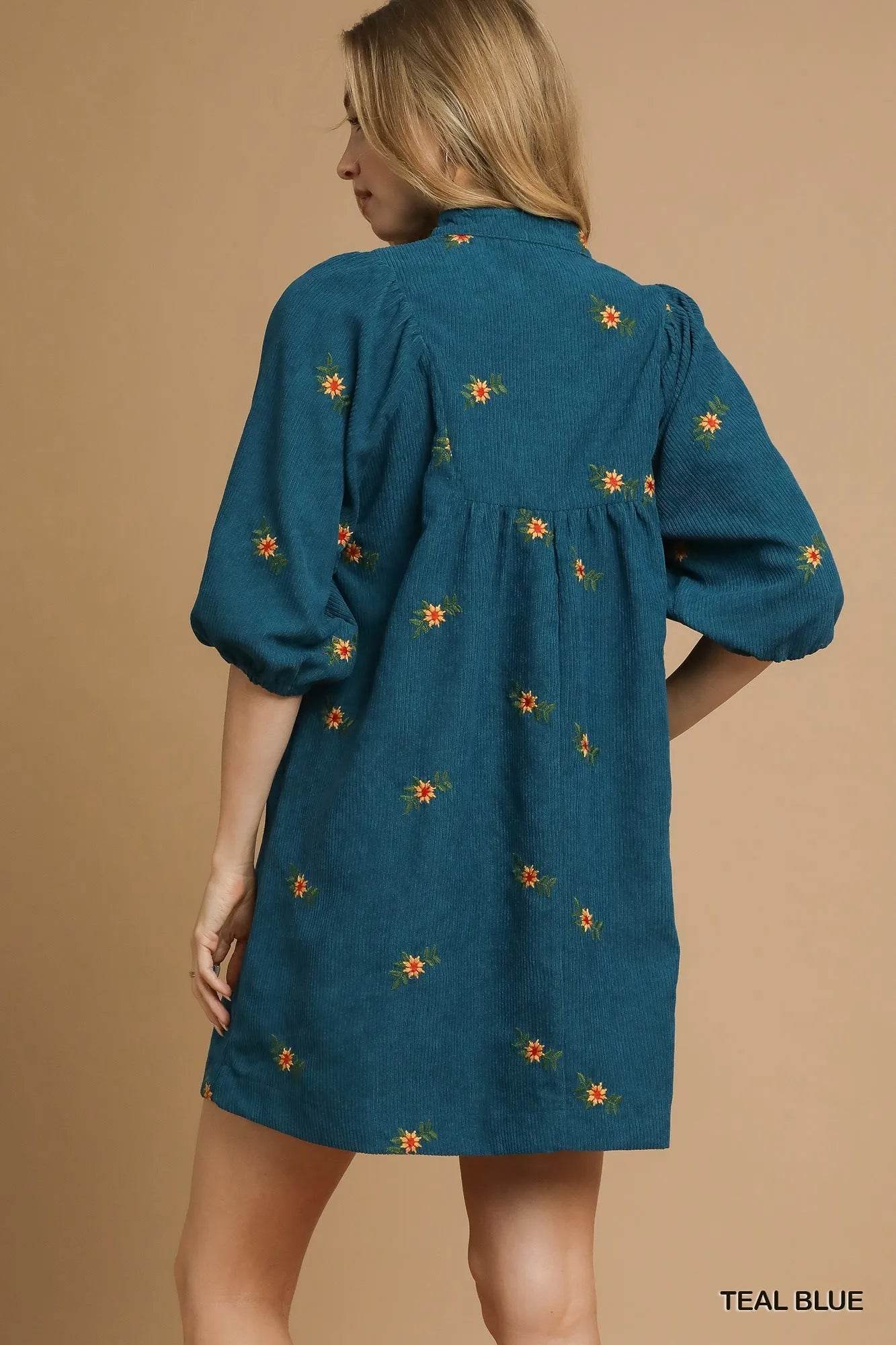Umgee Corduroy Babydoll Dress with Floral Embroidery - Veloro