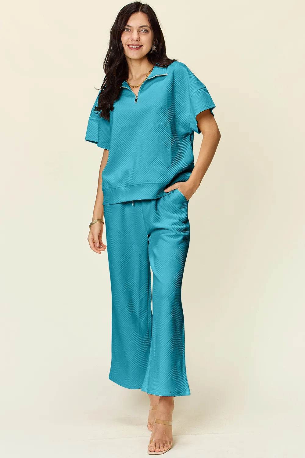 Double Take Full Size Texture Half Zip Short Sleeve Top and Pants Set - Veloro