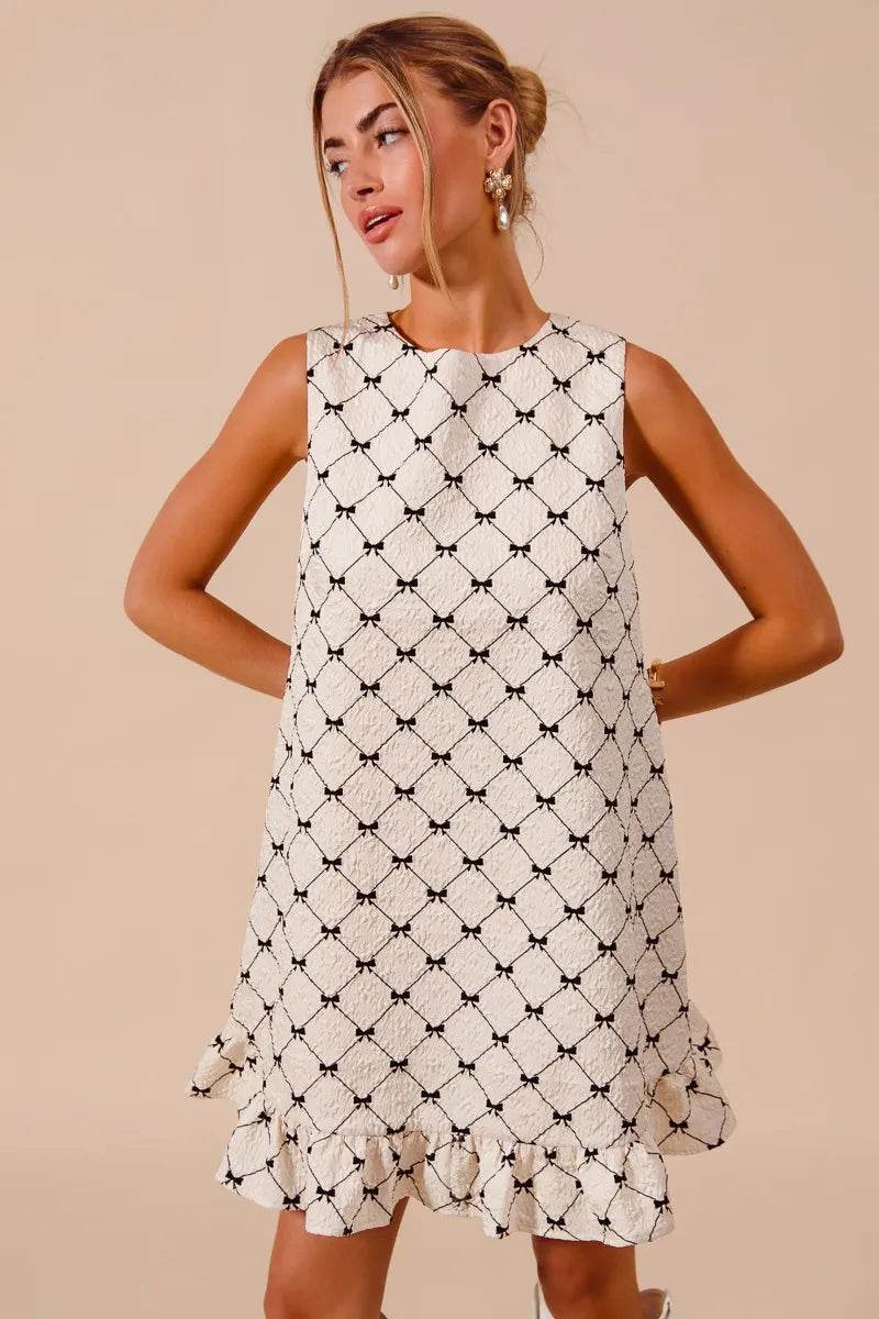 SO ME Texture Bow Printed Mini Ruffle Dress - Veloro