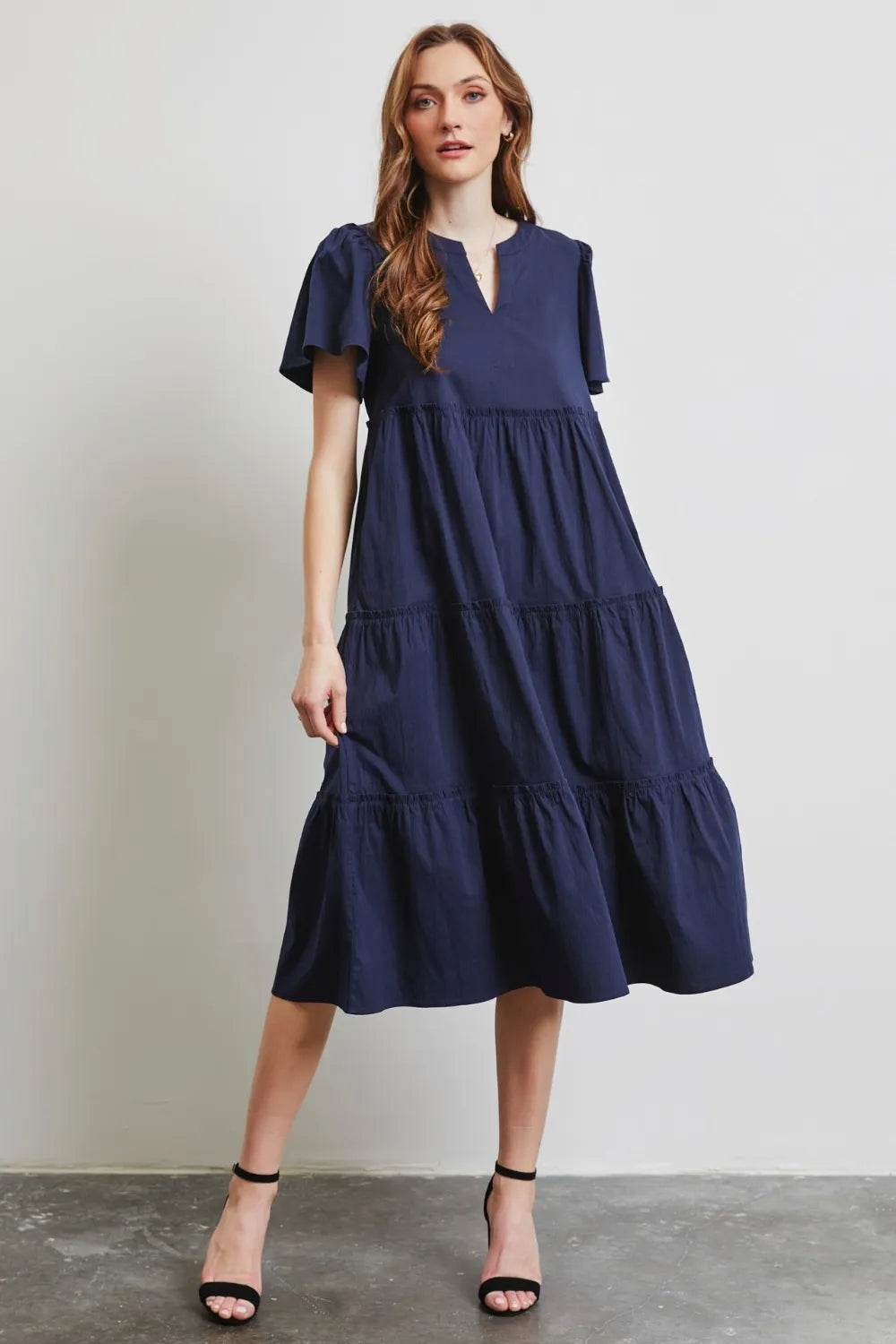 HEYSON Full Size Cotton Poplin Ruffled Tiered Midi Dress - Veloro