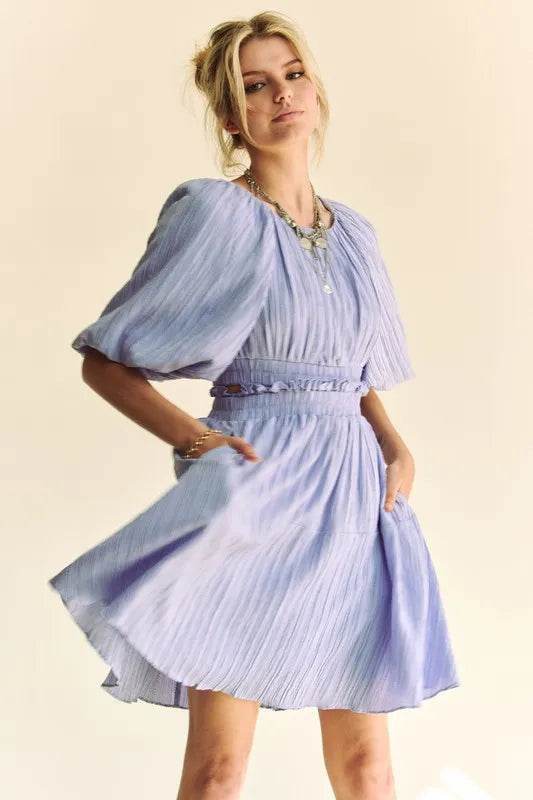 Davi & Dani Back Button Puff Sleeve Mini Dress - Veloro