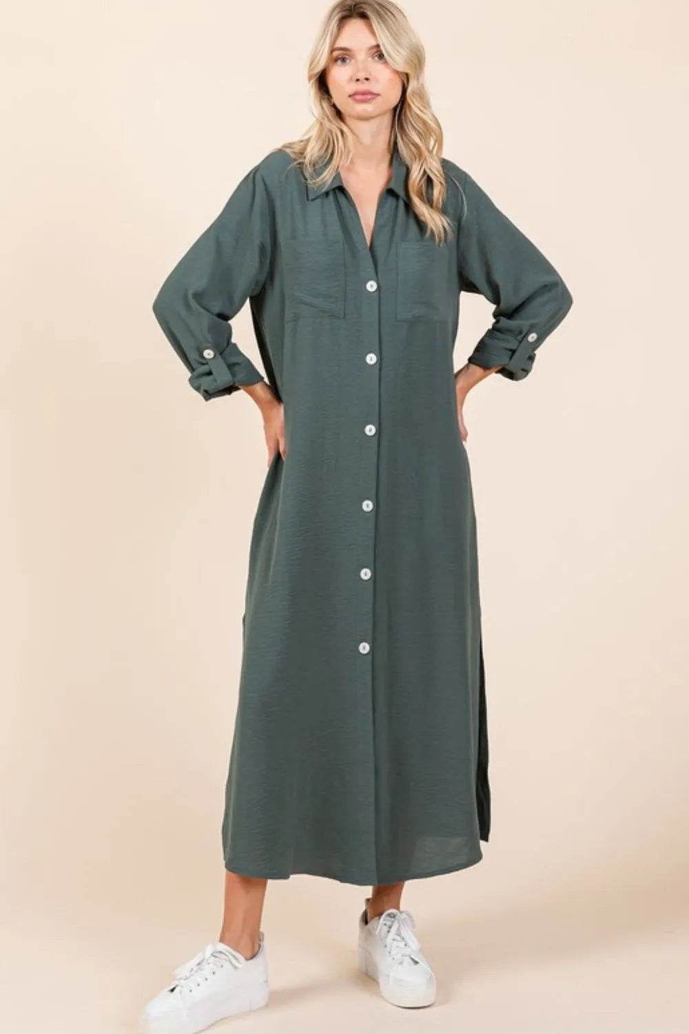 Mittoshop Airflow V-Neck Long Sleeve Button Down Maxi Dress - Veloro