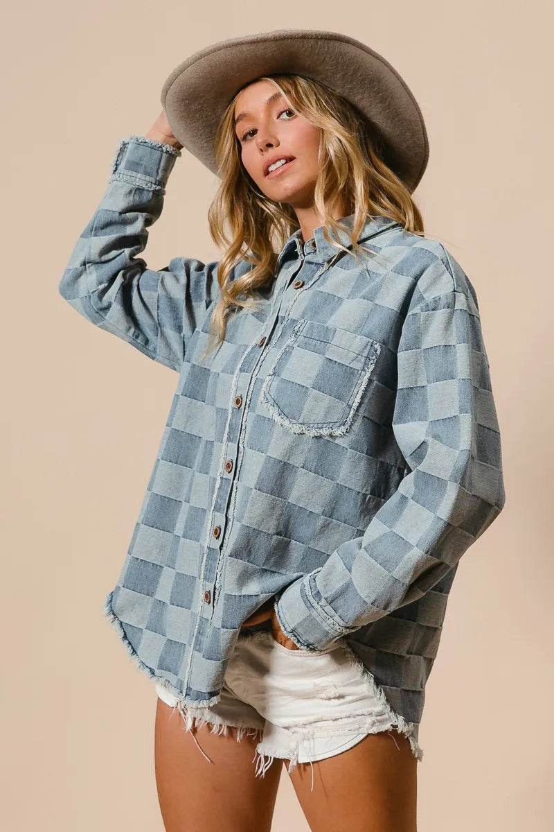 BiBi Frayed Edged Detail Washed Checker Denim Shirt - Veloro