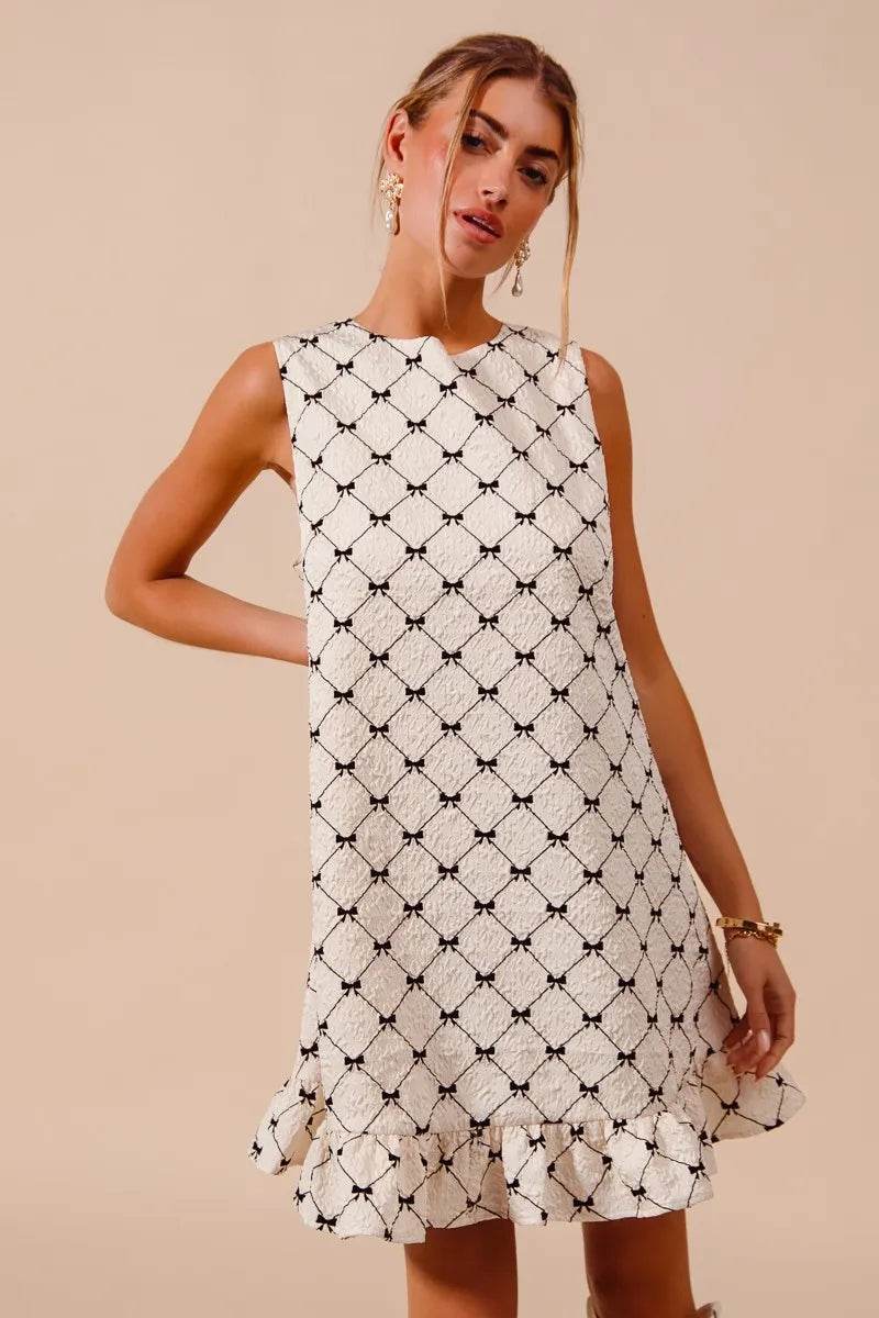 SO ME Texture Bow Printed Mini Ruffle Dress - Veloro