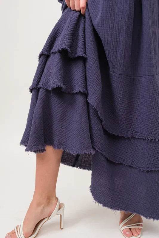 And The Why Washed Cotton Gauze Fringe Detail Tiered Dress - Veloro