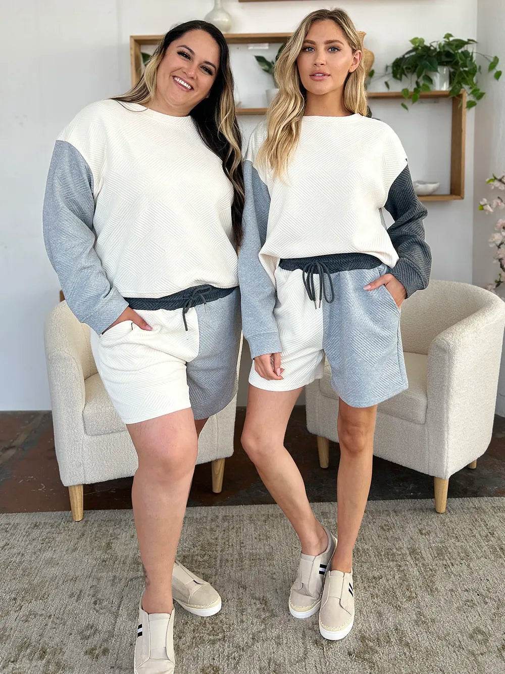 Double Take Full Size Contrast Drop Shoulder Top and Shorts Set - Veloro