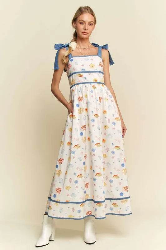 Davi & Dani Denim Binding Detail Smocking Summer Maxi Dress - Veloro